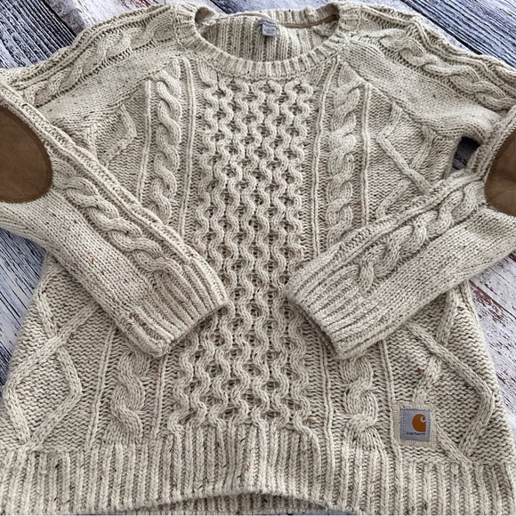 Carhartt Oatmeal Tan Wool Blend Cable Knit Sweater With Elbow Patch - Picture 5 of 10
